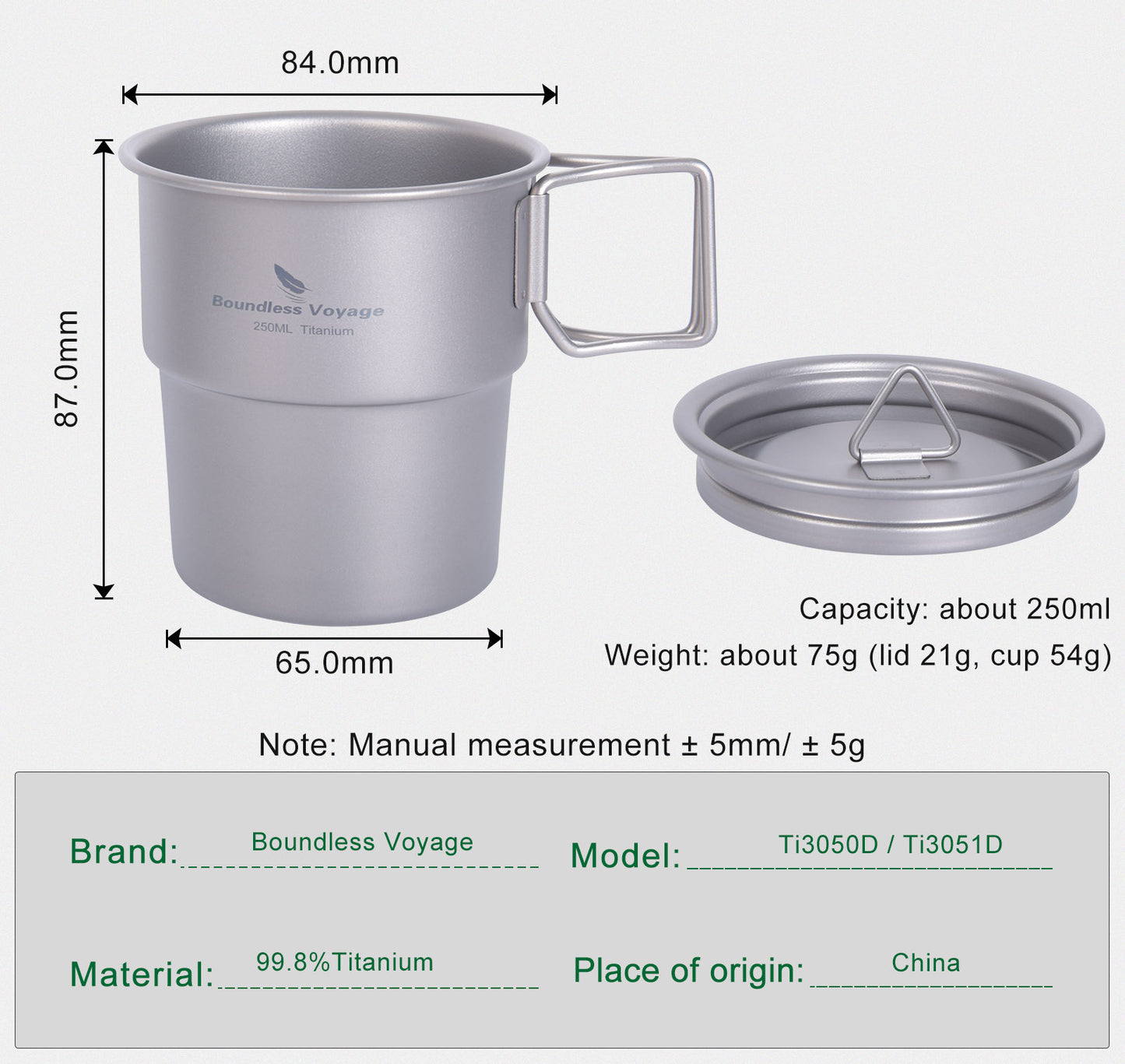 Boundless Voyage Titanium Cup Portable Stackable Mug Outdoor Water Coffee Cup with Lid Ti3051D