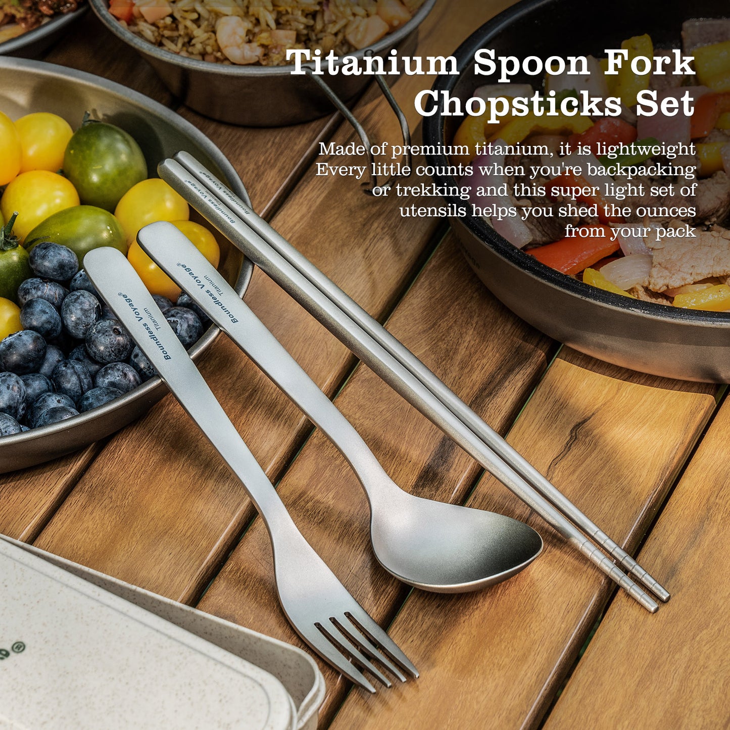 Boundless Voyage Titanium Spoon Fork Chopsticks Set, Ultralight Portable Outdoor Camping Cutlery for Soup Daily Meals Ti1068T-Ti1071T