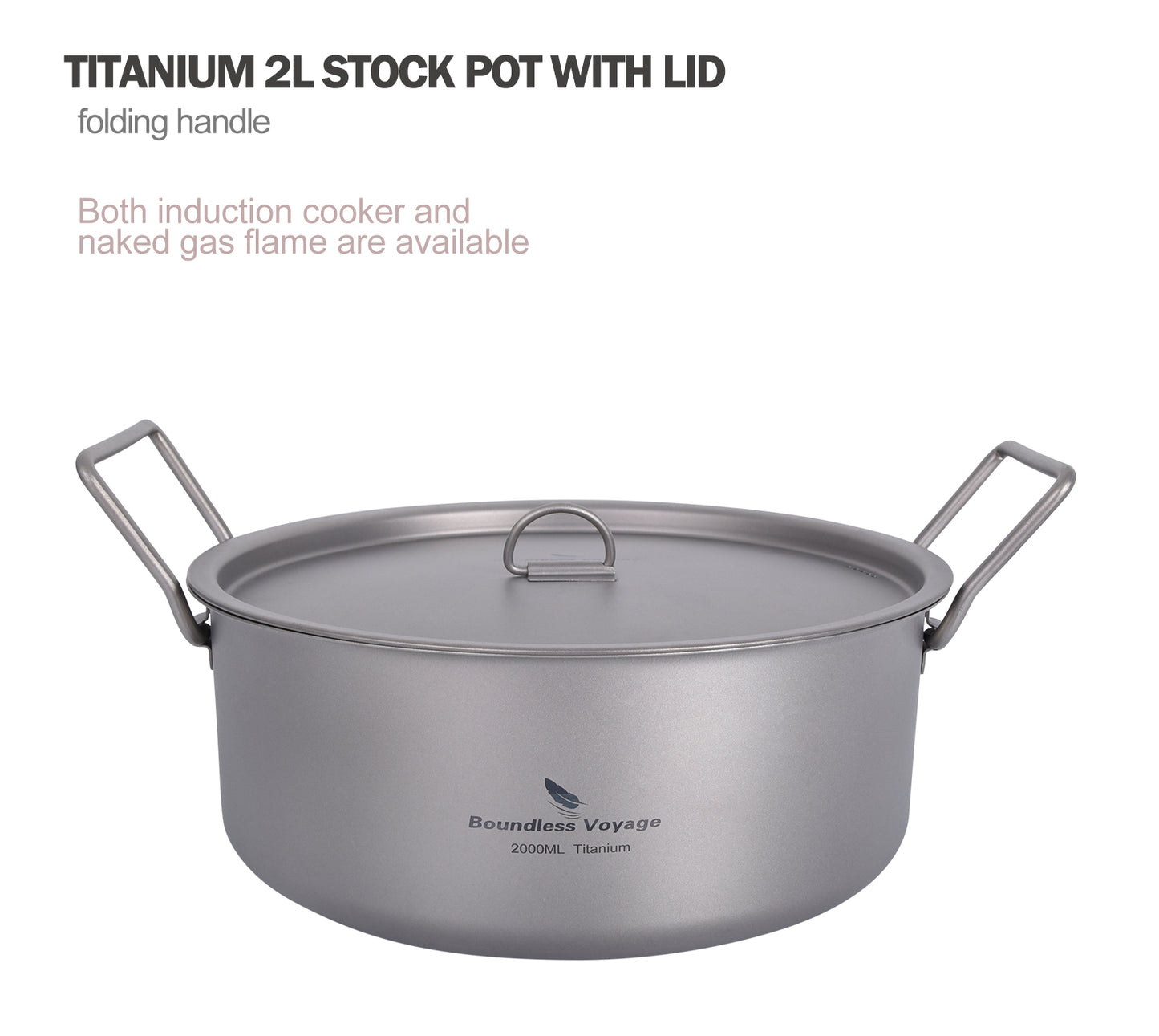 Boundless Voyage 2L Titanium Stock Pot with Lid and Folding Handle, Portable Lightweight Soup Pot for Outdoor Camping Hiking Picnic  Ti2054C