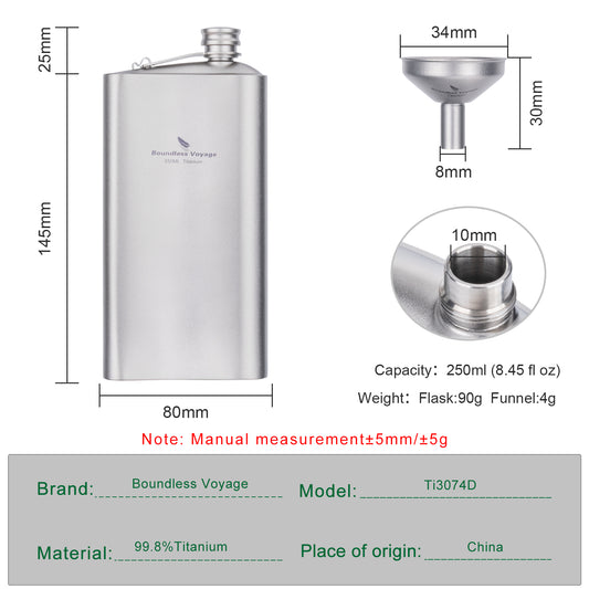 Boundless Voyage 250ml Titanium Hip Flask Ultralight Durable Camping Flask Bottle for Whiskey Vodka Wine Outdoor Travel Equipment Ti3074D