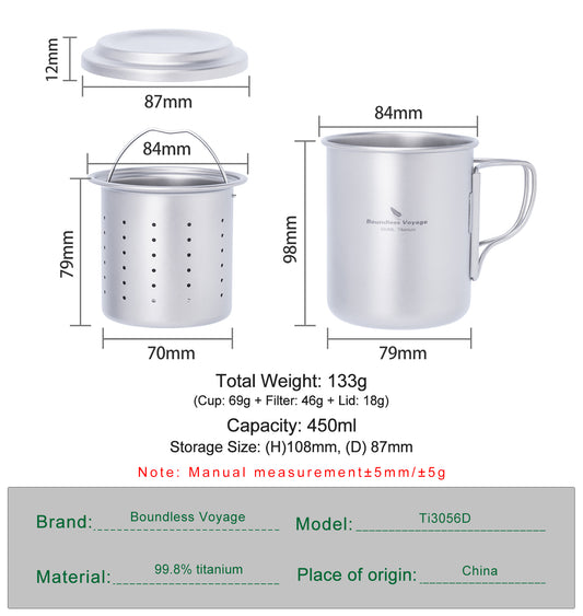 Boundless Voyage 450ml Titanium Cup with Filter Folding Handles Outdoor Camping Tea Coffee Mug 15.2 fl oz Portable Lightweight Tea Maker Ti3056D