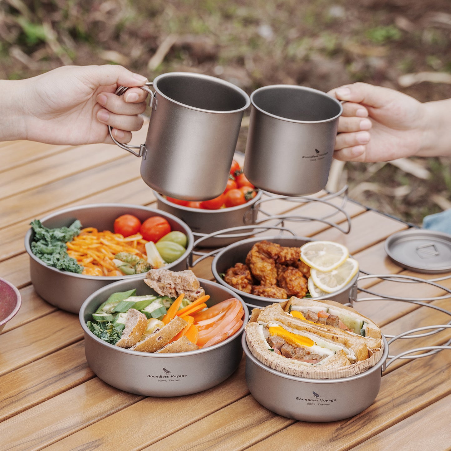 Boundless Voyage 5Pcs Pure Titanium Bowl Set with Foldable Handles, Portable Outdoor Camping Tableware Plates Dishes, 350/500/600/700/800ml Ti1096T