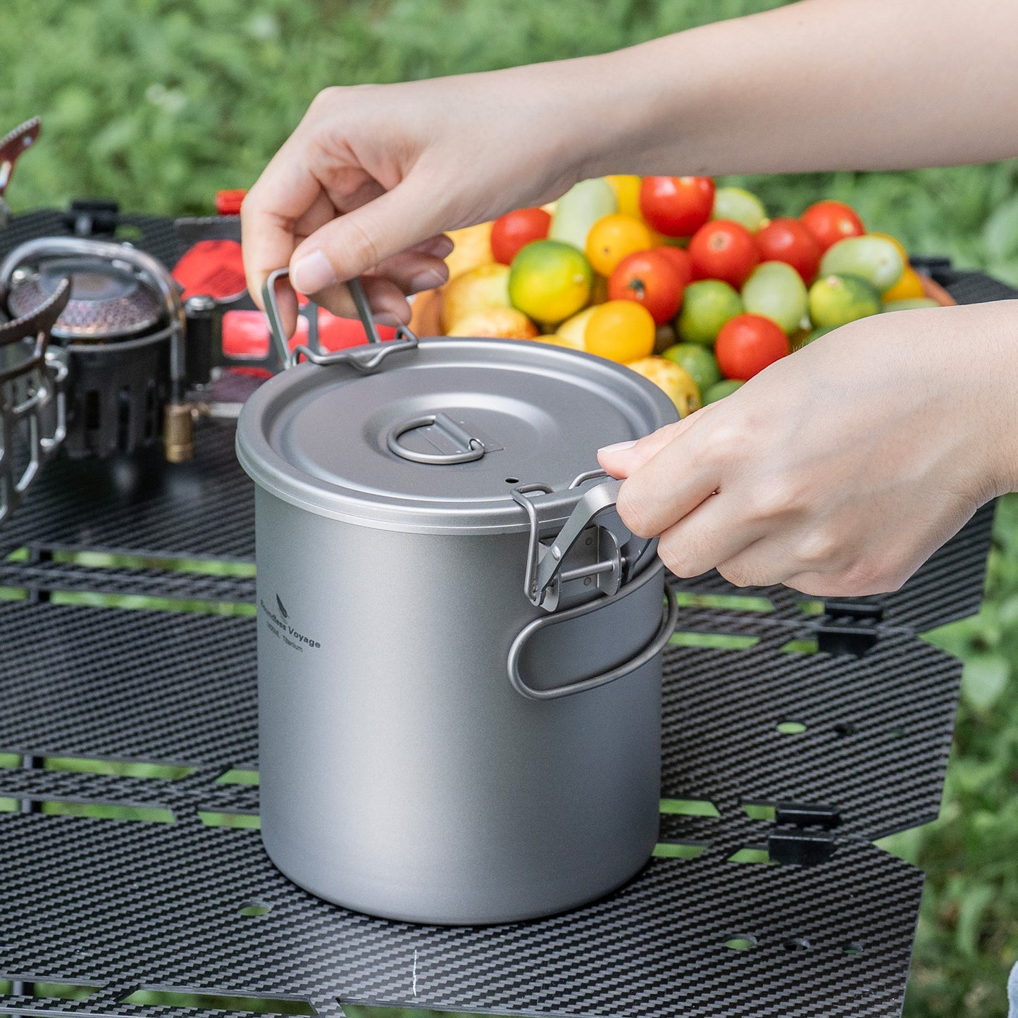 Boundless Voyage Sandblasted Matte Finish Ultralight Titanium Camping Rice Cooker Pot, 1.4L Outer Pot with 0.9L Inner Container, Portable Cookware for Hiking, Travel & Outdoor Camping Ti2093C