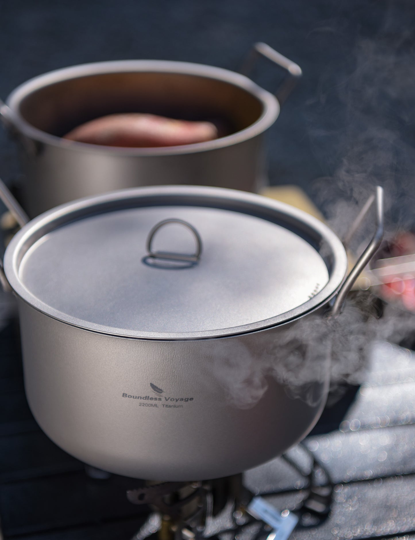 Boundless Voyage Titanium Soup Pot & Steamer Set 2.2L, Foldable Handle Camping Cookware for Hiking Kitchen Ti2111C