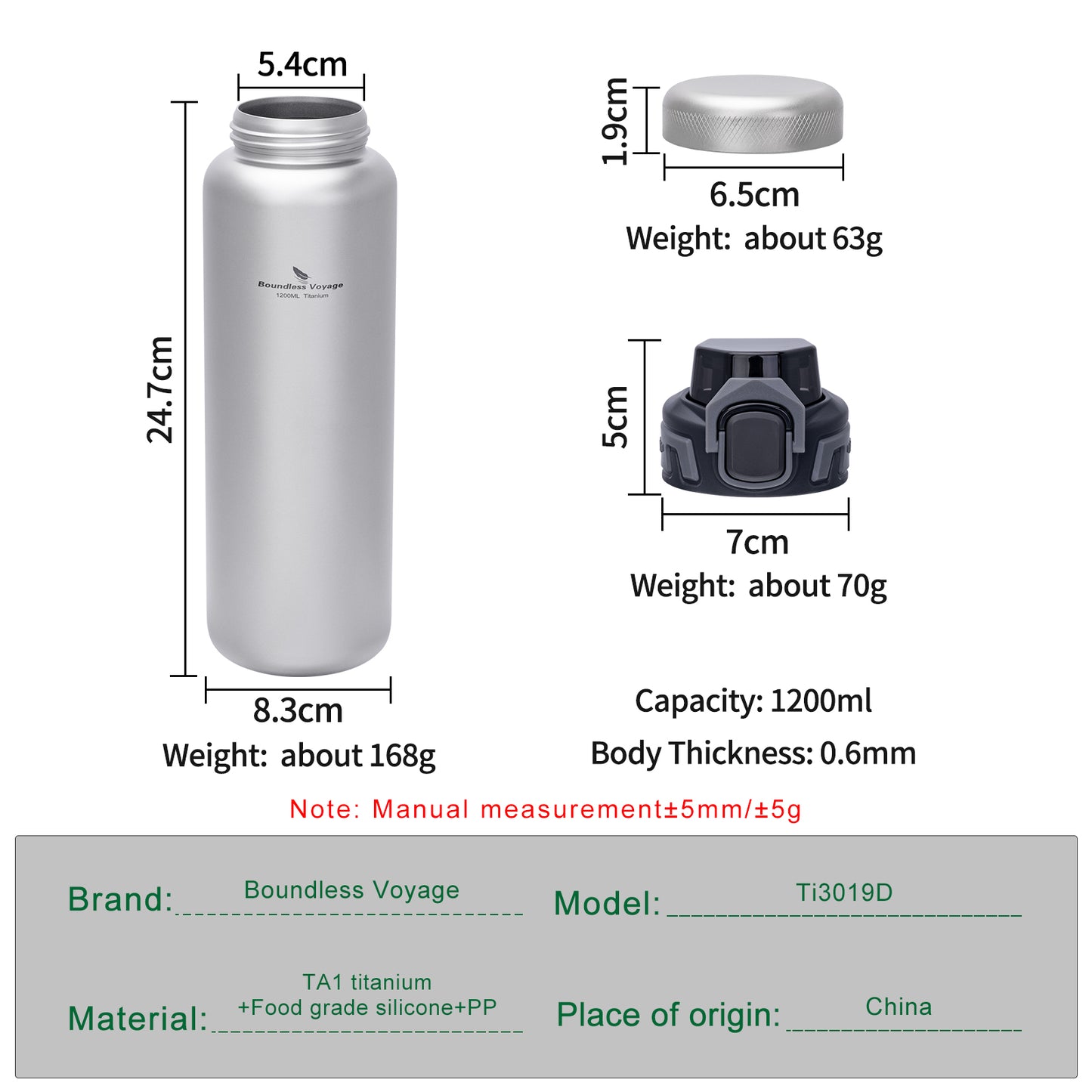 Boundless Voyage 1200ml Pure Titanium Water Bottle 2 Lids (Flip Top & Titanium Screw Lid) | Ultralight Leakproof Drink Bottle for Camping Hiking Gym Travel  Ti3019D