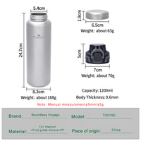 Boundless Voyage Pure Titanium Water Bottle 1200ml Dual Lids Flip Top & Screw Cap Ultralight Leakproof for Camping Hiking Gym Travel Ti3019D