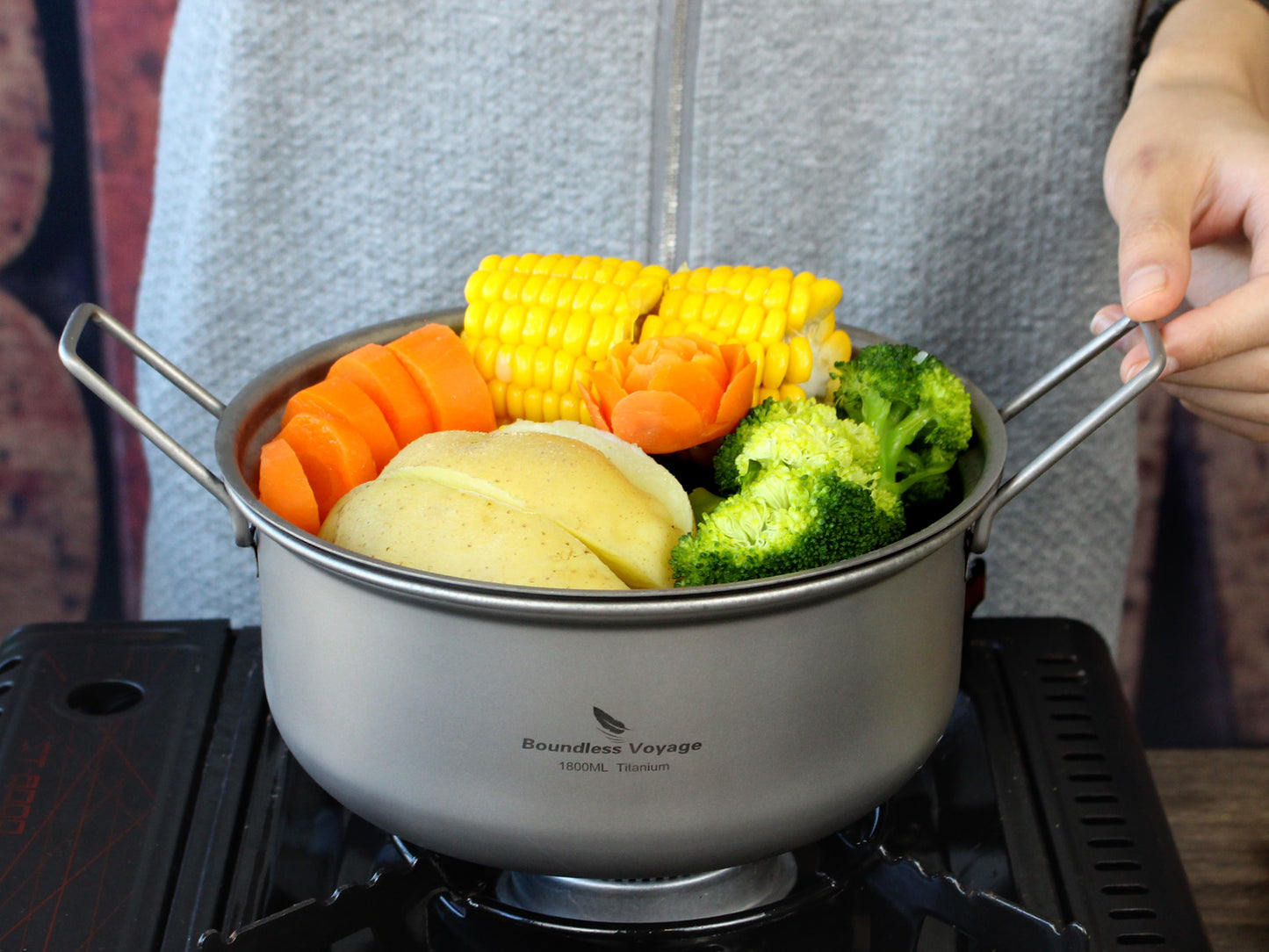 Boundless Voyage 1800ml Titanium Stockpot Steamer Set with Lid, Ultralight Outdoor Soup Pan Mess Kit for Camping, Stovetop & Campfire Use Ti2058C