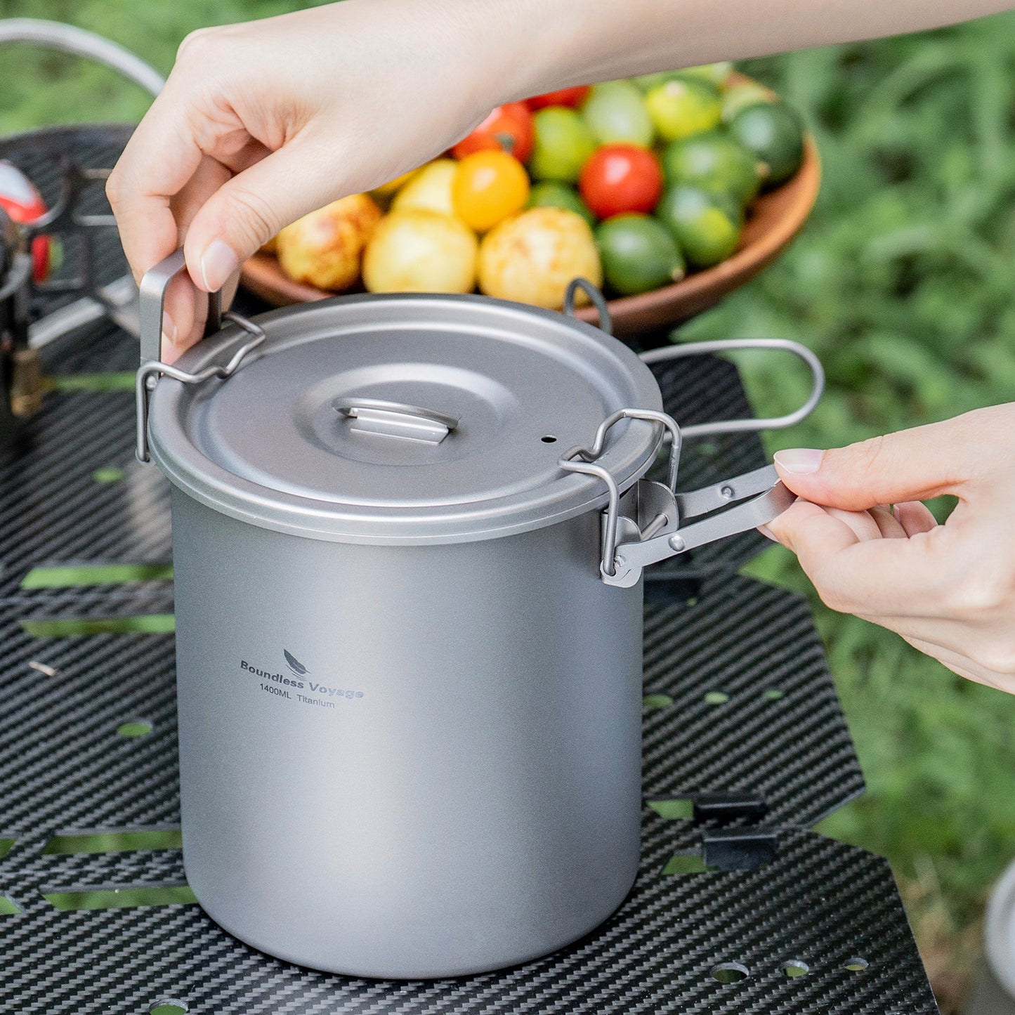 Boundless Voyage Crystalline Finish Ultralight Titanium Camping Rice Cooker Pot, 1.4L Outer Pot with 0.9L Inner Container, Portable Cookware for Hiking, Travel & Outdoor Camping Ti2093C