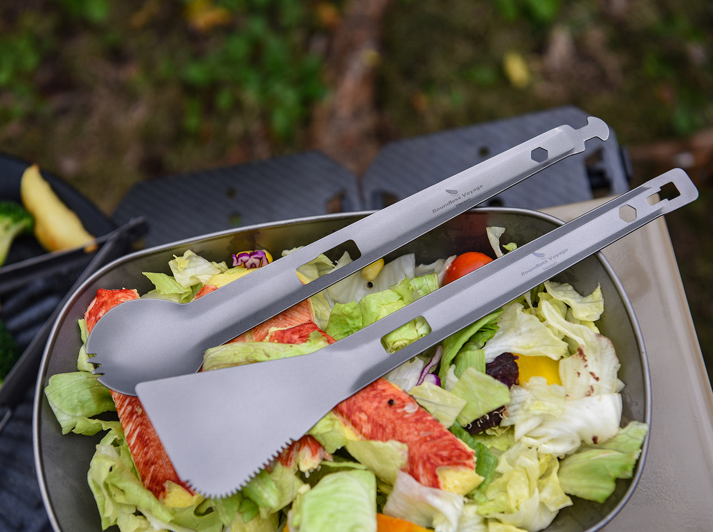 Boundless Voyage Titanium Alloy 4-in-1 Multi Utensil, Integrated Tong Spork Shovel Spatula, Lightweight Portable Cookware for Camping Backpacking Travel Outdoor Cooking Ti1080T
