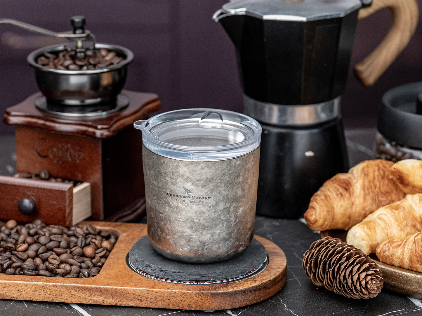 Boundless Voyage 240ml Pure Titanium Double Wall Coffee Cup with Lid, Portable Mug for Wine, Tea & Water Ti3238D