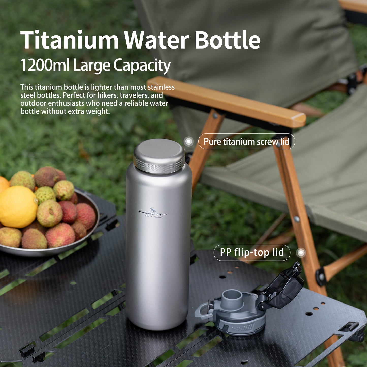 Boundless Voyage 1200ml Pure Titanium Water Bottle 2 Lids (Flip Top & Titanium Screw Lid) | Ultralight Leakproof Drink Bottle for Camping Hiking Gym Travel  Ti3019D