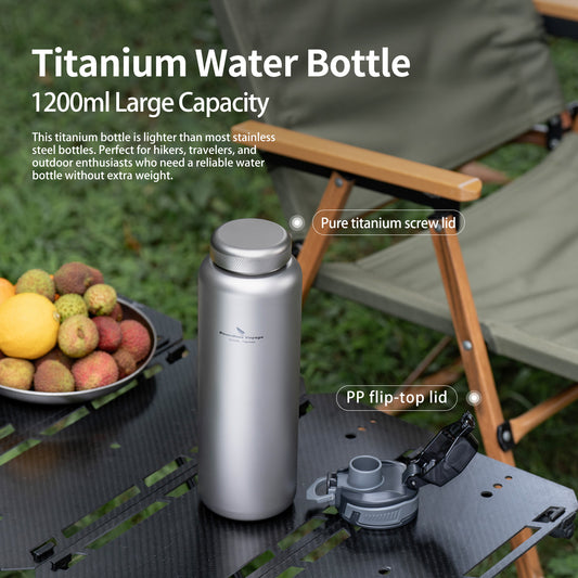 Boundless Voyage 1200ml Pure Titanium Water Bottle 2 Lids (Flip Top & Titanium Screw Lid) | Ultralight Leakproof Drink Bottle for Camping Hiking Gym Travel  Ti3019D