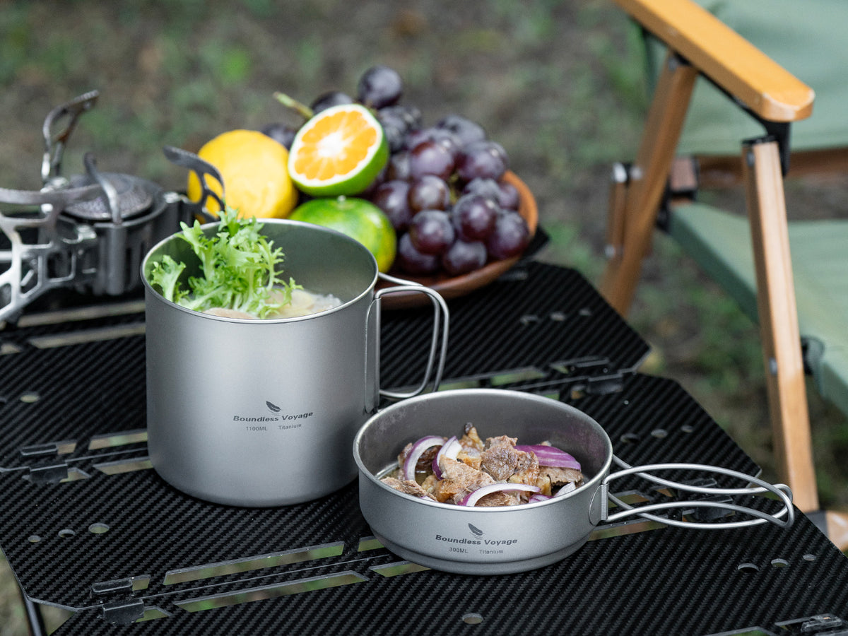 Ti2053C titanium mess kit in backpack side pocket