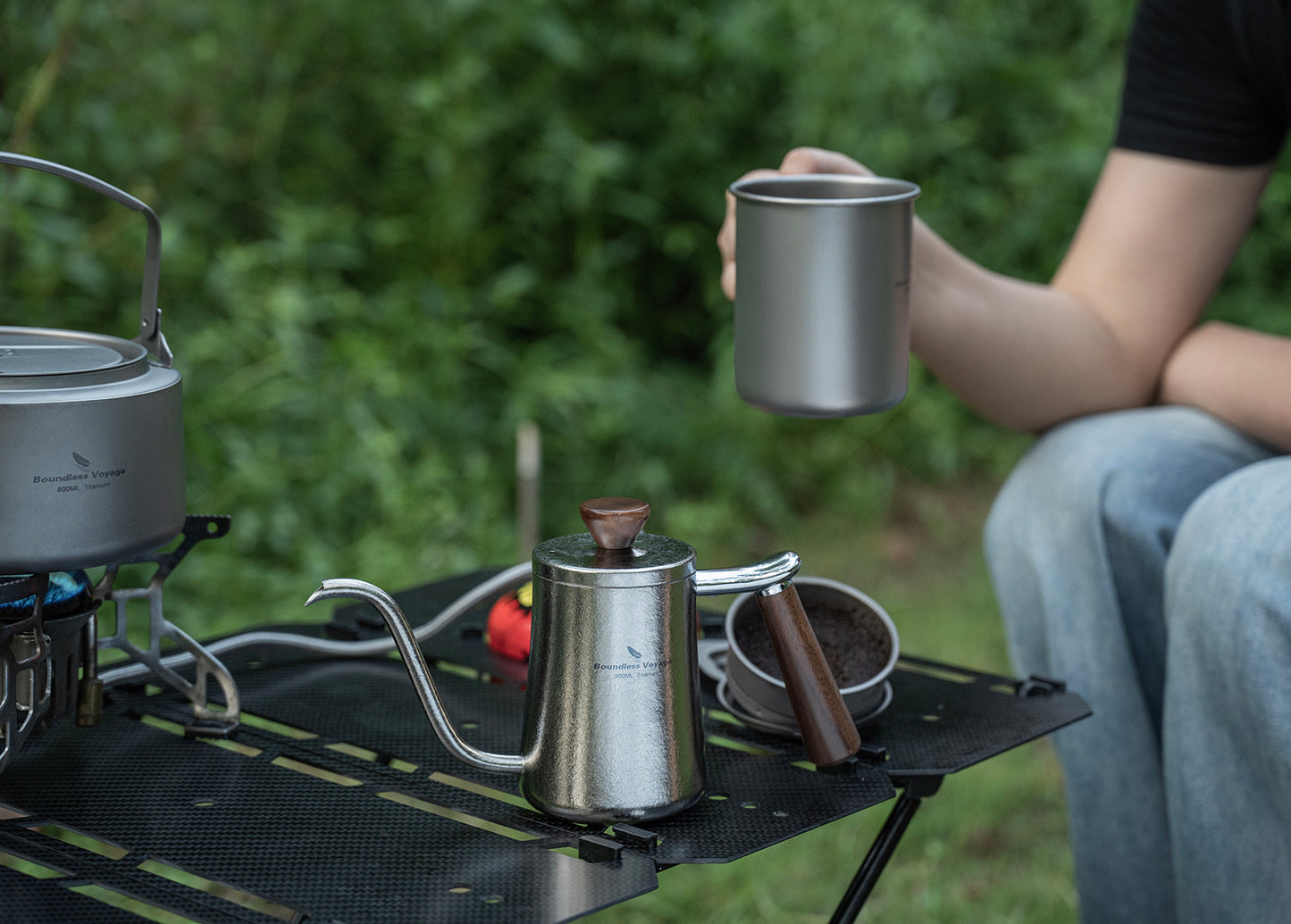 Boundless Voyage 300ml Titanium Pour Over Coffee Kettle with Wood Handle, Precision Gooseneck Spout Mini Coffee Tea Pot, Ultralight Portable Brew Gear for Home Barista, Office, Camping & Hiking Travel Ti3091D