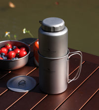 Boundless Voyage 1050ml Titanium Water Bottle with 600ml Flat Lid Nesting Cup, Portable Pure Titanium Survival Canteen Mug Kit, Lightweight Travel Tableware for Hiking Bushcraft Picnic Ti3007D