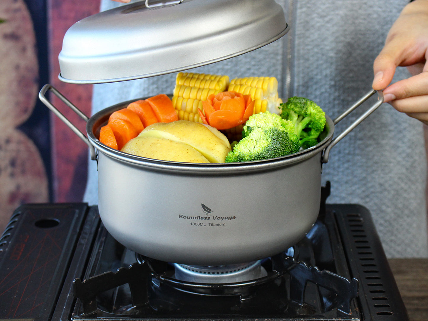 Boundless Voyage 1800ml Titanium Stockpot Steamer Set with Lid, Ultralight Outdoor Soup Pan Mess Kit for Camping, Stovetop & Campfire Use Ti2058C