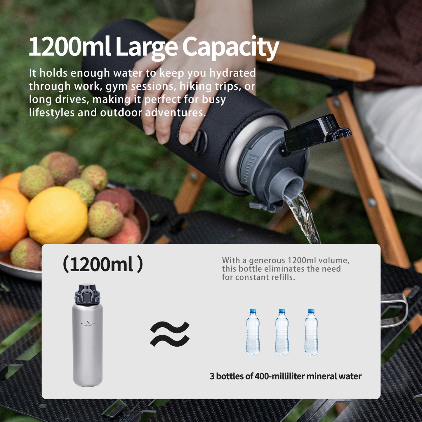 Boundless Voyage 1200ml Pure Titanium Water Bottle 2 Lids (Flip Top & Titanium Screw Lid) | Ultralight Leakproof Drink Bottle for Camping Hiking Gym Travel  Ti3019D