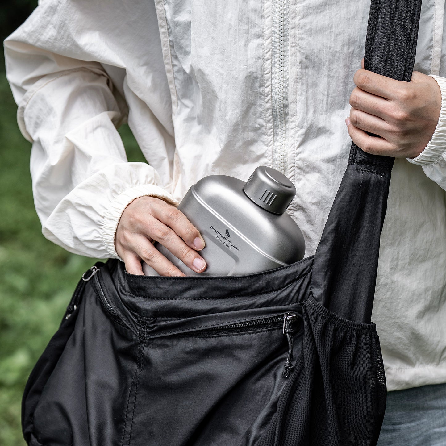 Boundless Voyage 1100ml TA1 Pure Titanium Canteen Bottle | Single Layer Open Flame Heatable Water Flask, Leakproof Double Wall Lid Military Outdoor Bottle with Crossbody Sleeve Ti3012D