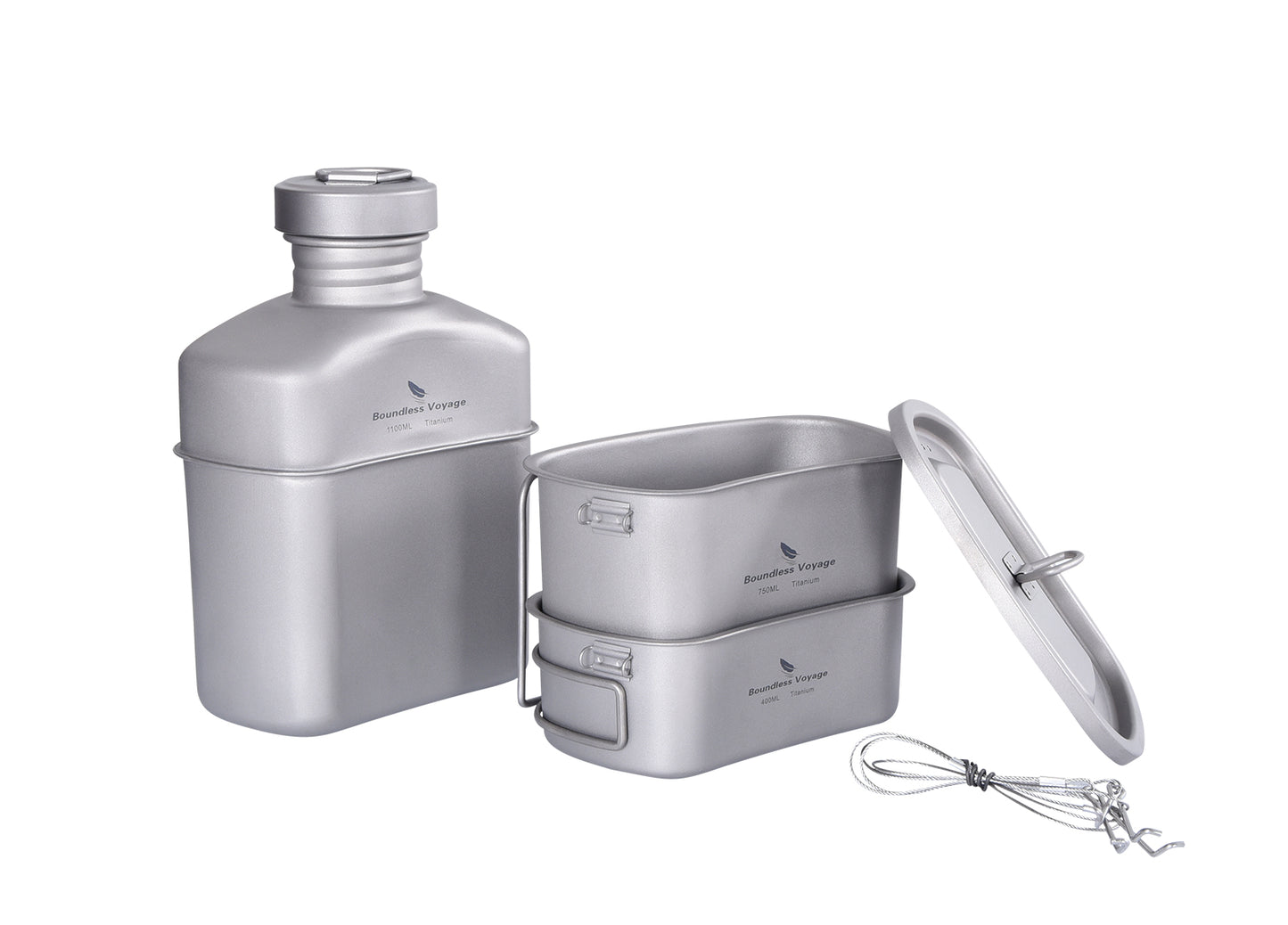 Boundless Voyage Titanium Military Canteen Cups Set Outdoor Camping Water Bottle Bowl Kettle Cooking Set Mess Kit Ti2047C-Ti2049C