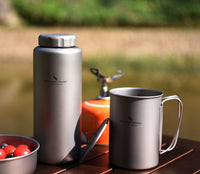 Boundless Voyage 1050ml Titanium Water Bottle with 600ml Flat Lid Nesting Cup, Portable Pure Titanium Survival Canteen Mug Kit, Lightweight Travel Tableware for Hiking Bushcraft Picnic Ti3007D