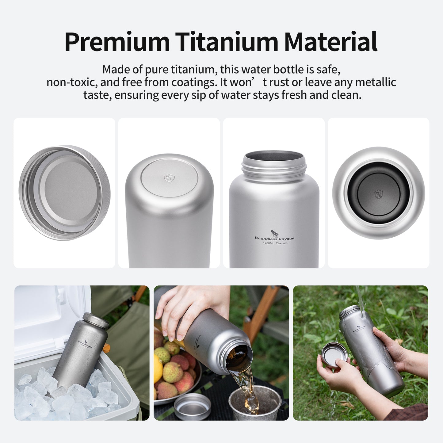 Boundless Voyage 1200ml Pure Titanium Water Bottle 2 Lids (Flip Top & Titanium Screw Lid) | Ultralight Leakproof Drink Bottle for Camping Hiking Gym Travel  Ti3019D
