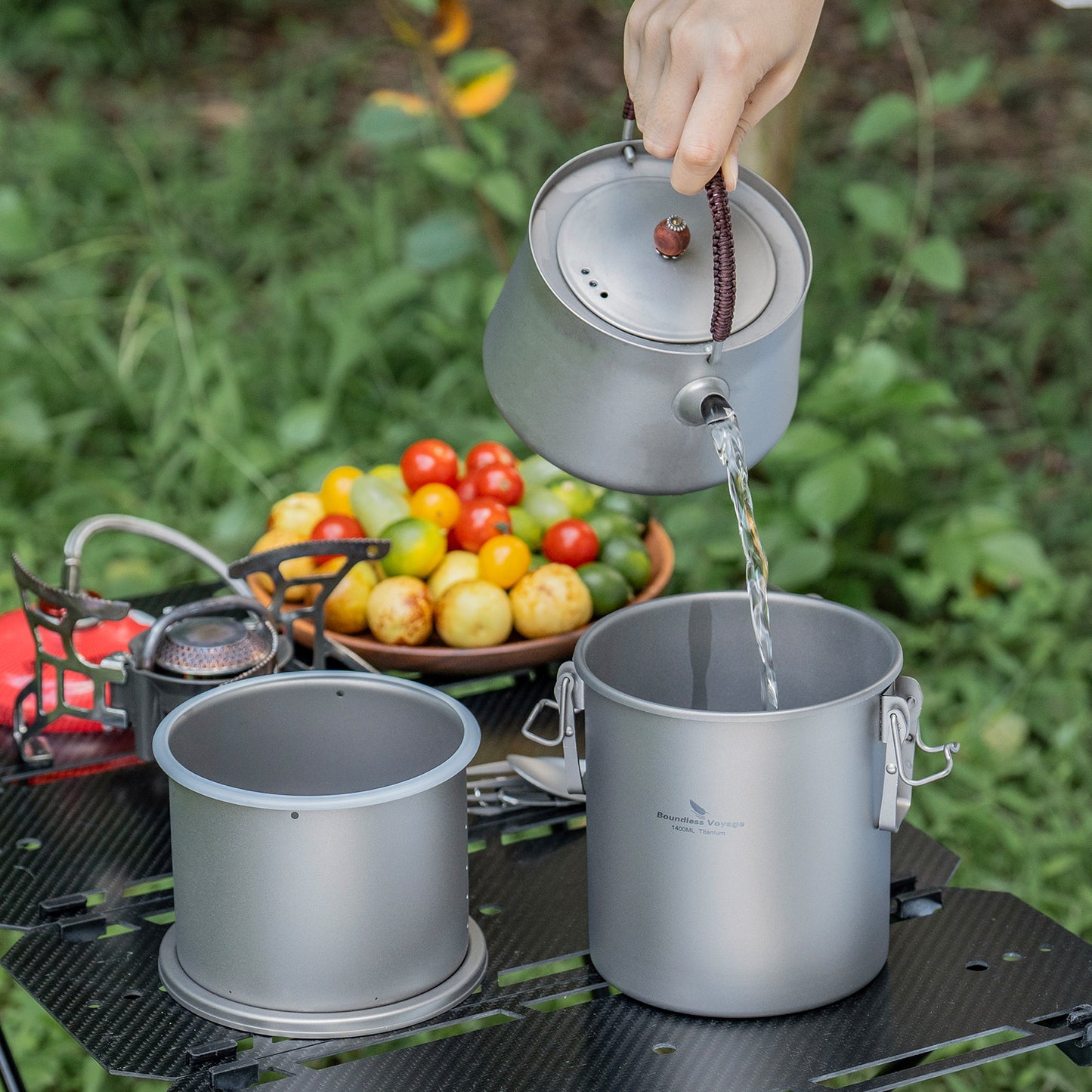 Boundless Voyage Sandblasted Matte Finish Ultralight Titanium Camping Rice Cooker Pot, 1.4L Outer Pot with 0.9L Inner Container, Portable Cookware for Hiking, Travel & Outdoor Camping Ti2093C