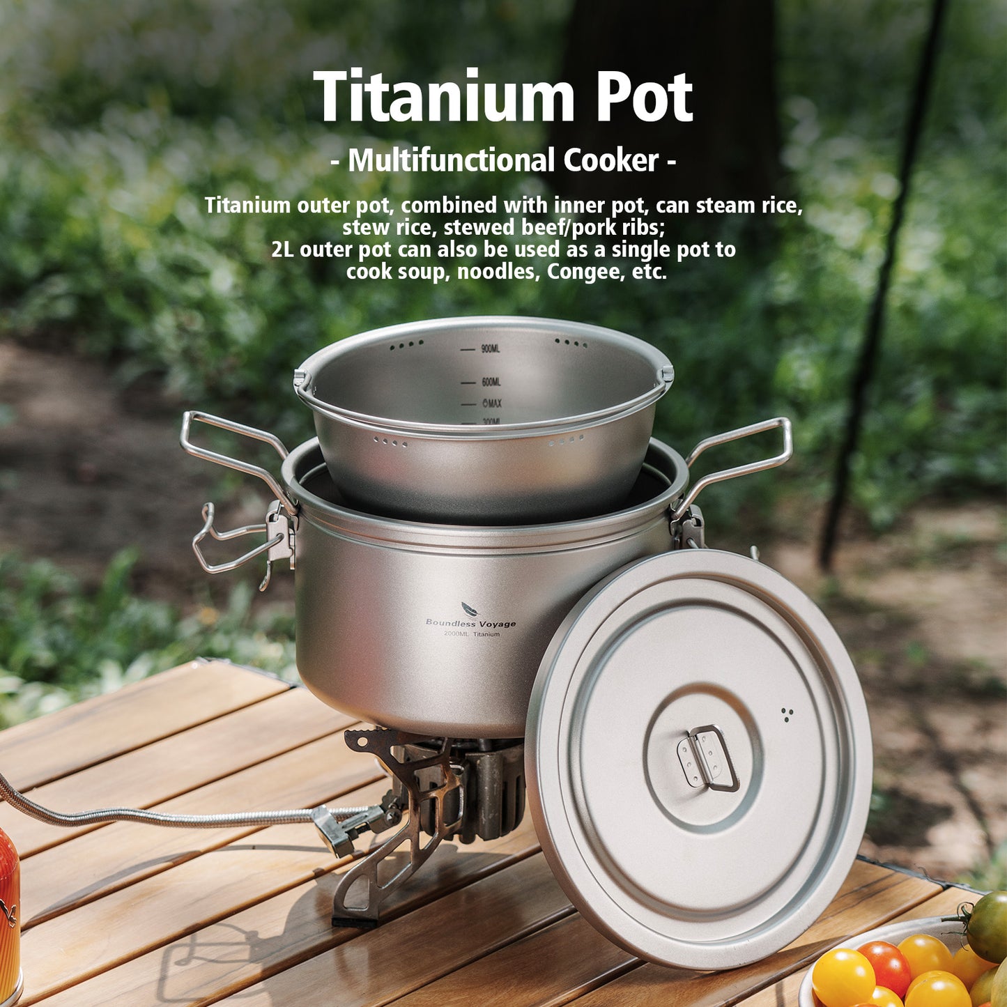 Boundless Voyage Titanium Pot Multifunctional Rice Cooker 2L+0.9L Pot Set Ultralight Outdoor Camping Cookware Ti2087C
