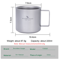 Boundless Voyage 220ml Double Wall Titanium Coffee Cup, Lightweight Portable Insulated Mug, Outdoor Camping Travel Tableware Ti3052D