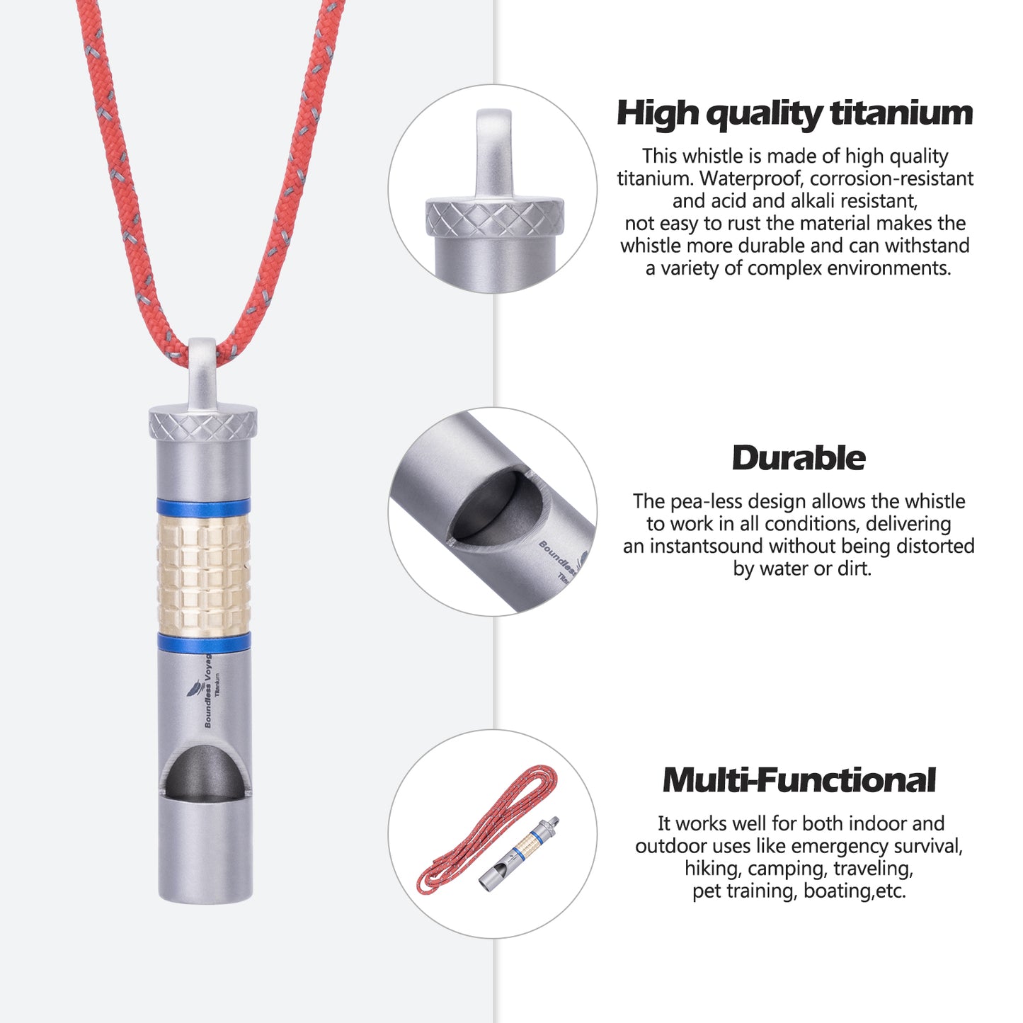 Boundless Voyage Titanium Whistle Emergency Survival Safety Whistles with Lanyard Loud for Outdoor Camping Hiking Coaches Training Sports Keychain Whistle Ti9013O