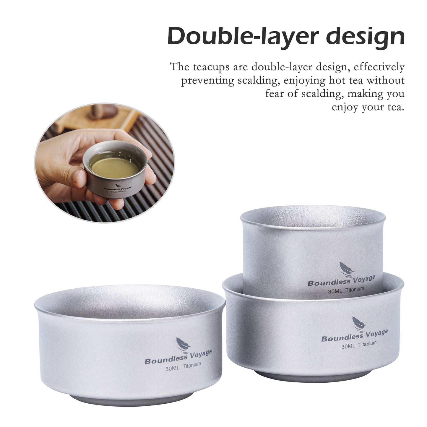 Boundless Voyage Titanium Double-Wall Tea Cup 30ml Gongfu Anti-Scald Coating-Free, Single or Set Ti3146D Ti3147D Ti3148D