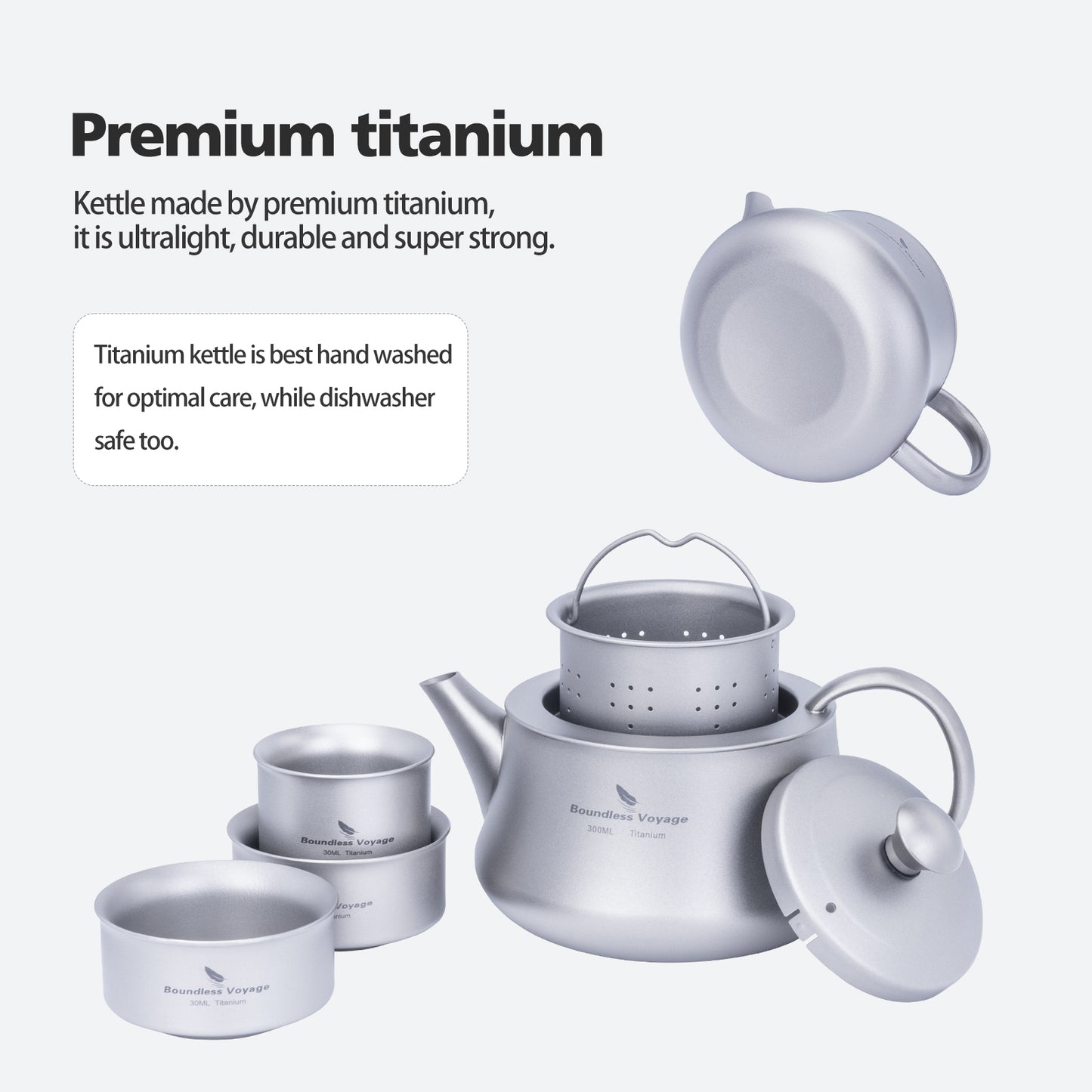 Boundless Voyage 300ml Titanium Teapot, Ultralight Portable Reusable Travel Water Pot, Compact Drinkware for Home Office, Outdoor Camping, Hiking & Picnic Ti3118D/Ti3119D