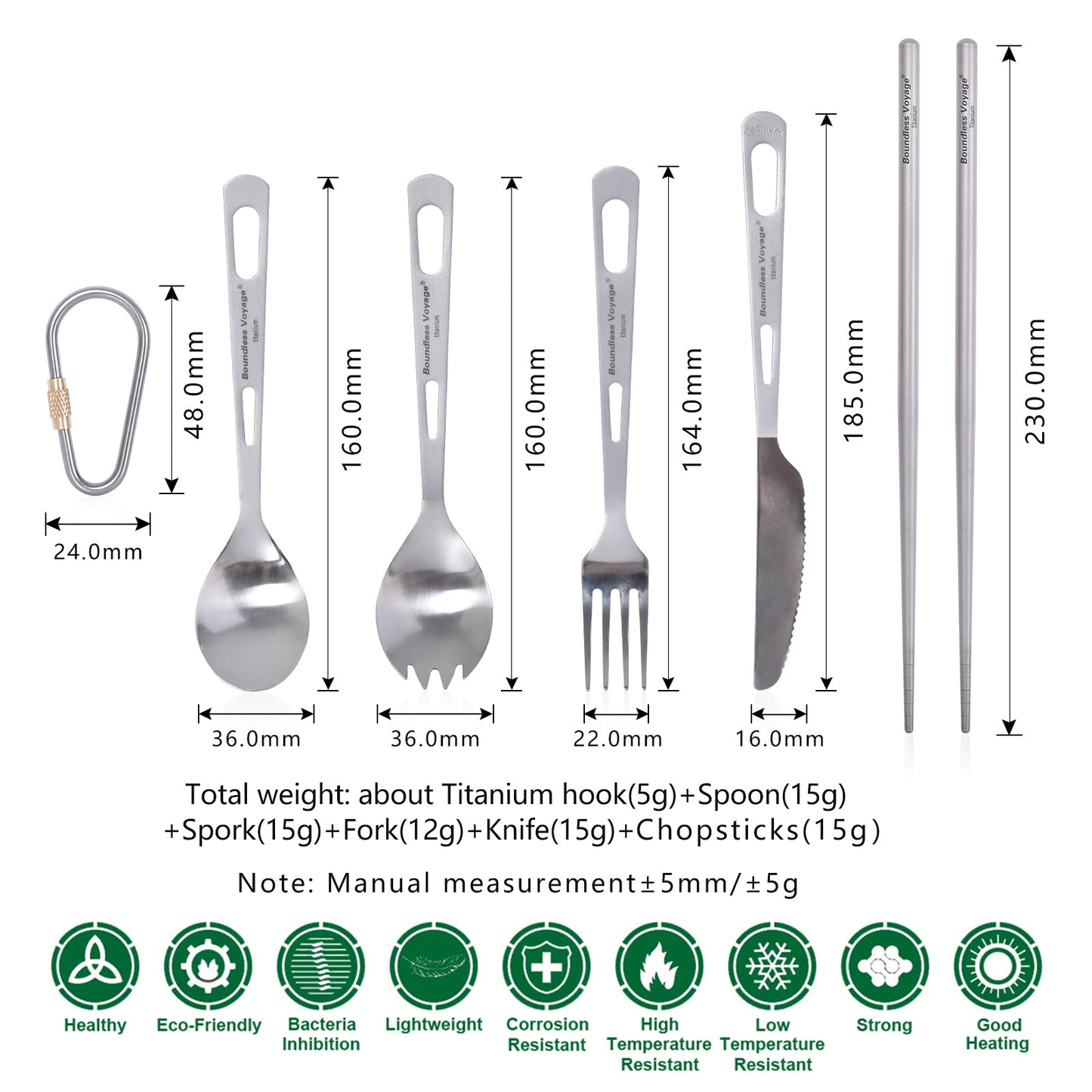Boundless Voyage 5‑Pcs Titanium Cutlery Set with Spork, Spoon, Fork, Dinner Knife & Round Chopsticks,  Ideal for Steak, Salad, Noodles and Curry, Portable Tableware Kit for Outdoor Travel, Office, School and Household Use Ti1053T