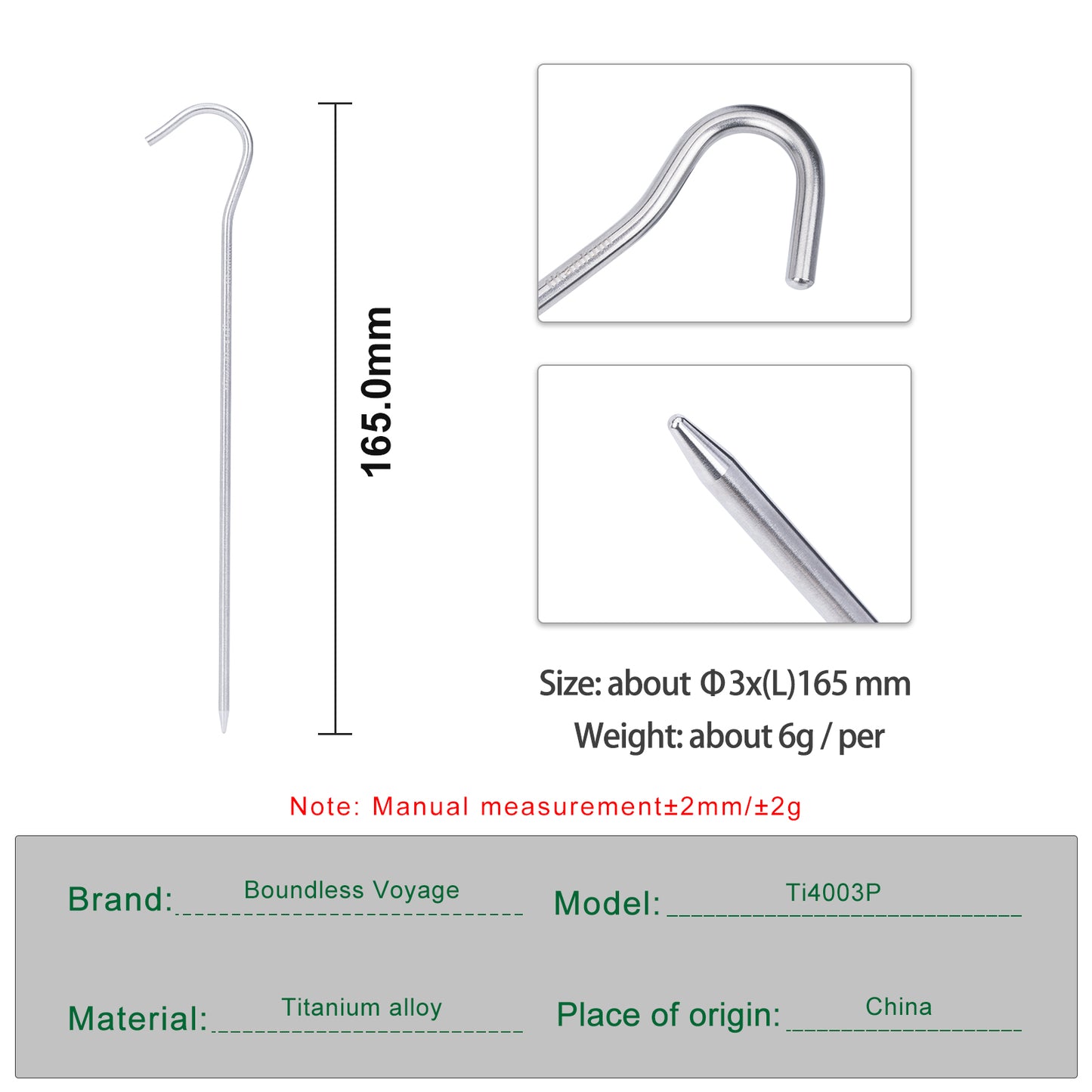 Boundless Voyage 16.5cm Titanium Alloy Tent Stakes | Ultralight Heavy Duty Ground Pegs, Portable Camping Accessories, 8Pcs / 12Pcs Optional Packs Ti4003P