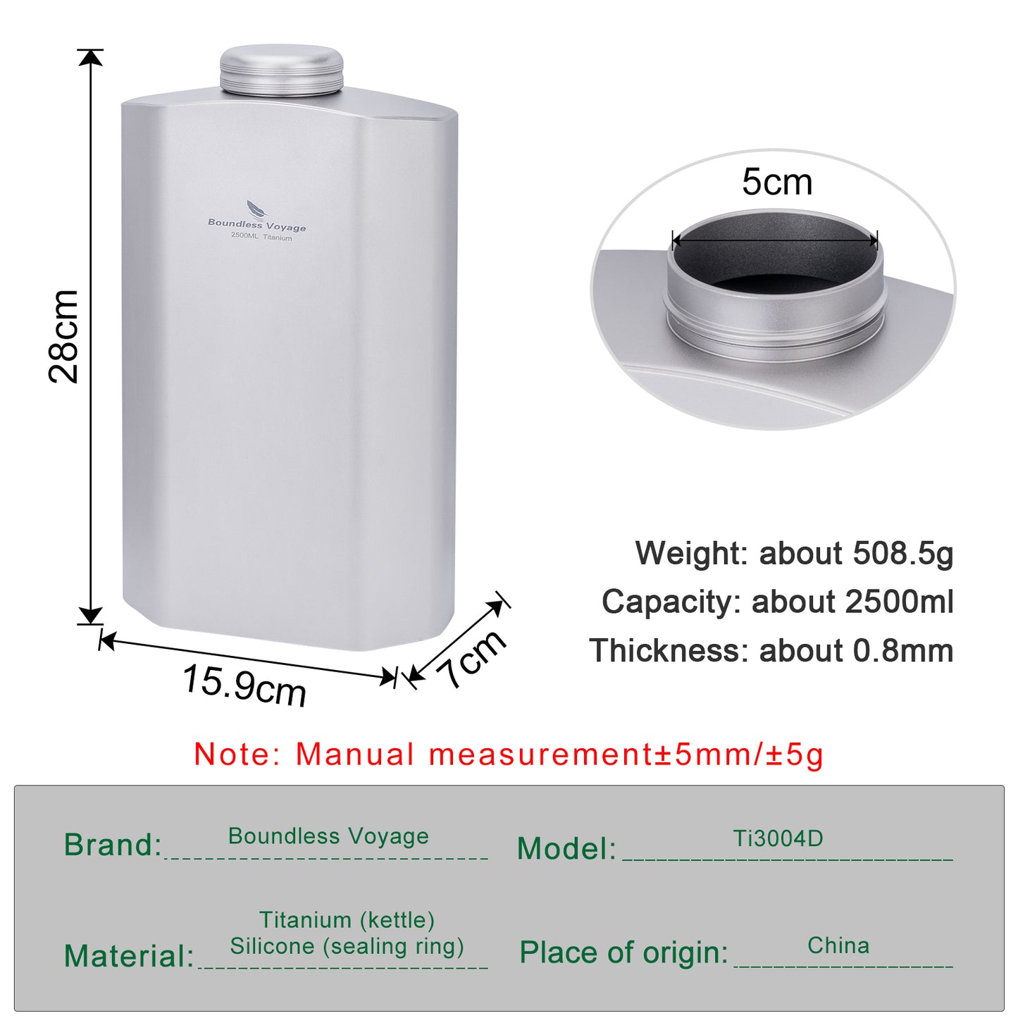 Boundless Voyage Titanium Water Bottle 2500ML Big Capacity Sports Water Bottle Ultralight Leakproof Drinkware for Outdoor Camping Hiking Ti3004D