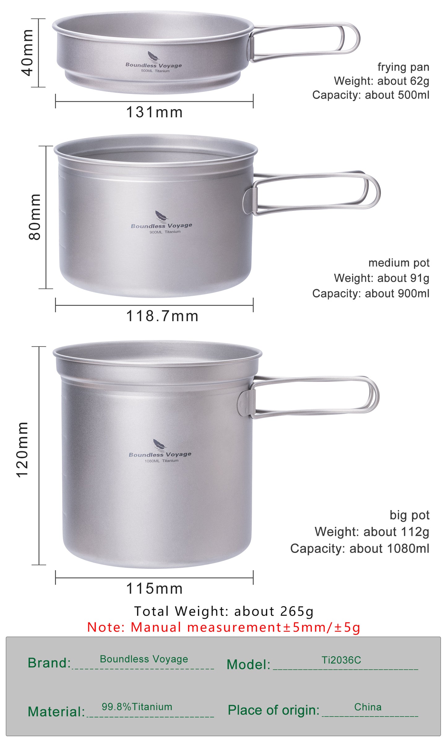 Boundless Voyage Titanium Camping Pots & Pans Set Foldable Handle, 500ml 900ml 1080ml Ultralight Cookware Kit for 1-2 Person Hiking Picnic Ti2034C/Ti2035C/Ti2036C