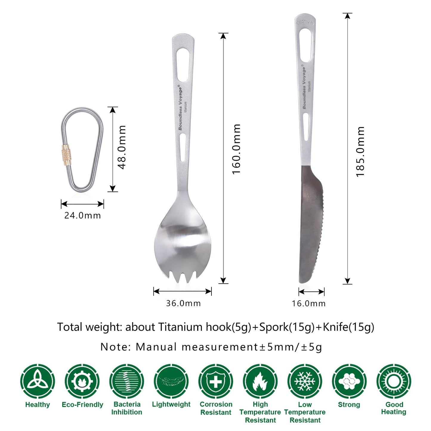 Boundless Voyage 2‑Pcs Titanium Spork and Dinner Knife Set with Polished Heads & Matte‑Finished Handles, Great for Steak, Salad, Noodles and Curry, Portable Cutlery Kit for Outdoor Travel, Office, School and Household Use Ti1046T