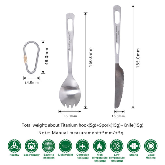 Boundless Voyage 2‑Pcs Titanium Spork and Dinner Knife Set with Polished Heads & Matte‑Finished Handles, Great for Steak, Salad, Noodles and Curry, Portable Cutlery Kit for Outdoor Travel, Office, School and Household Use Ti1046T