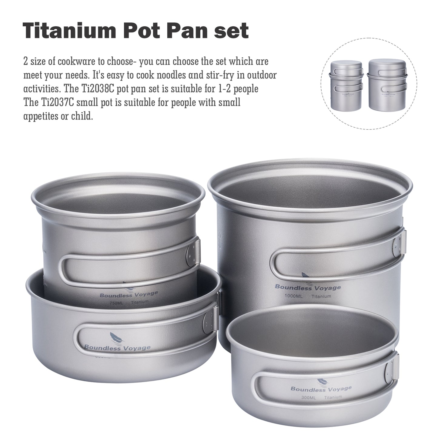 Boundless Voyage Outdoor Titanium Pot with Pan Set with Collapsible Folding Handle for Outdoor Camping Cooking Hiking Backpacking Portable Cookware Ti2037C-Ti2039C