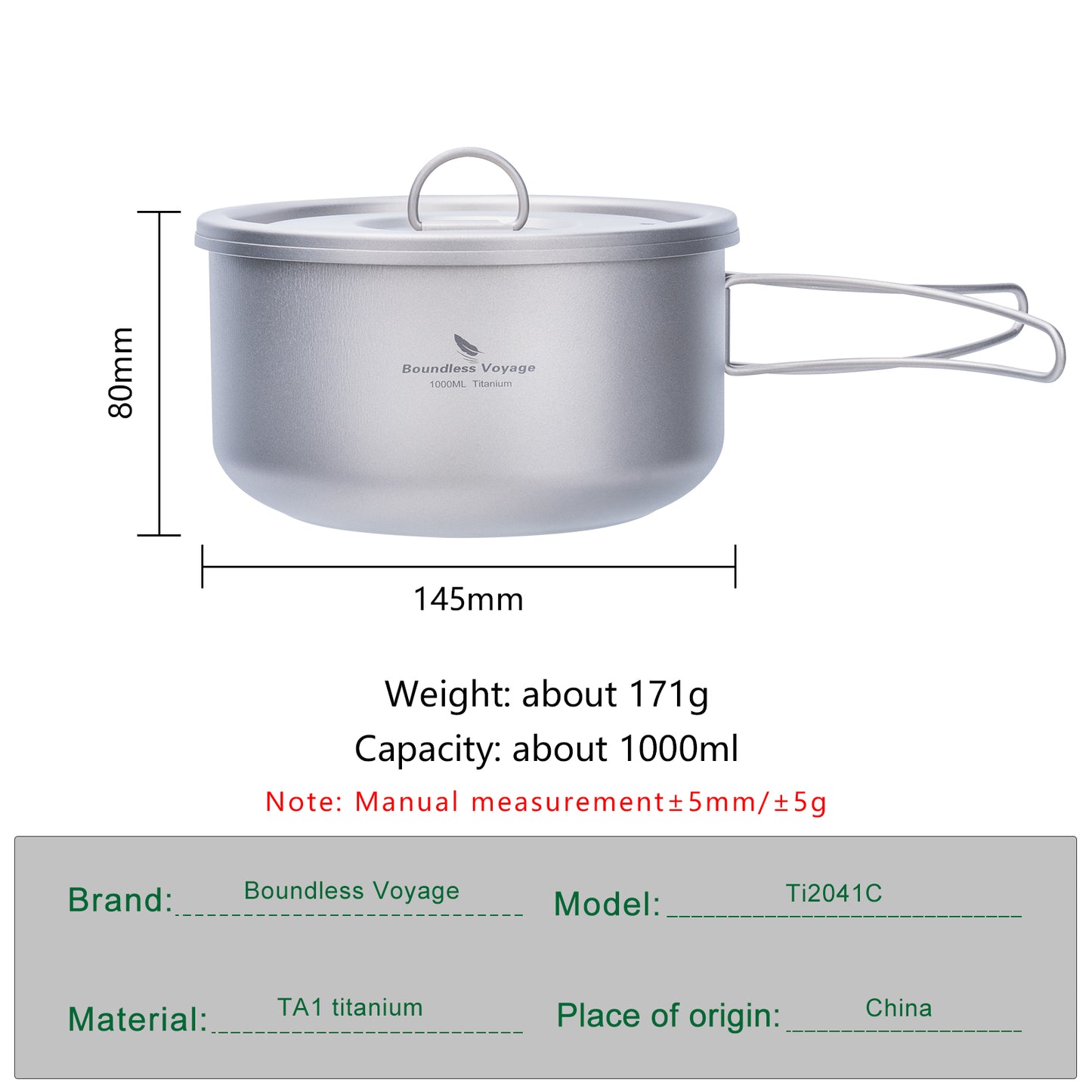 Boundless Voyage Titanium Pot with Lid Outdoor Camping Individual Soldier Pot Single Layer Lunch Box Ti2041C