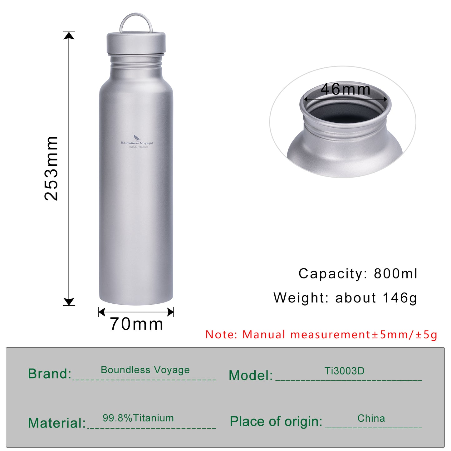 Boundless Voyage Titanium Sport Bottle 800ml with Leakproof Lid & Hook Camping Cycling Drinking Wide Mouth Single Layer Bottle Outdoor Travel Water Flask Pot Ultra-light 172g Ti3003D