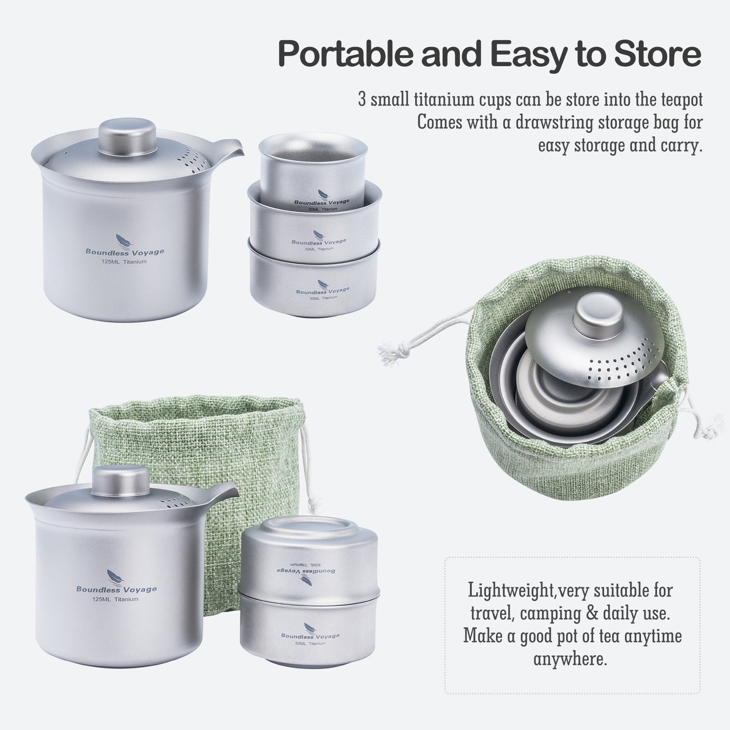 Boundless Voyage Titanium Double-Layer Tea Maker Set, Comes with 3Pcs 30ml Mini Tea Cups, Ultralight Portable Complete Tea Set for Outdoor Camping Travel Tea Brewing Ti3149D