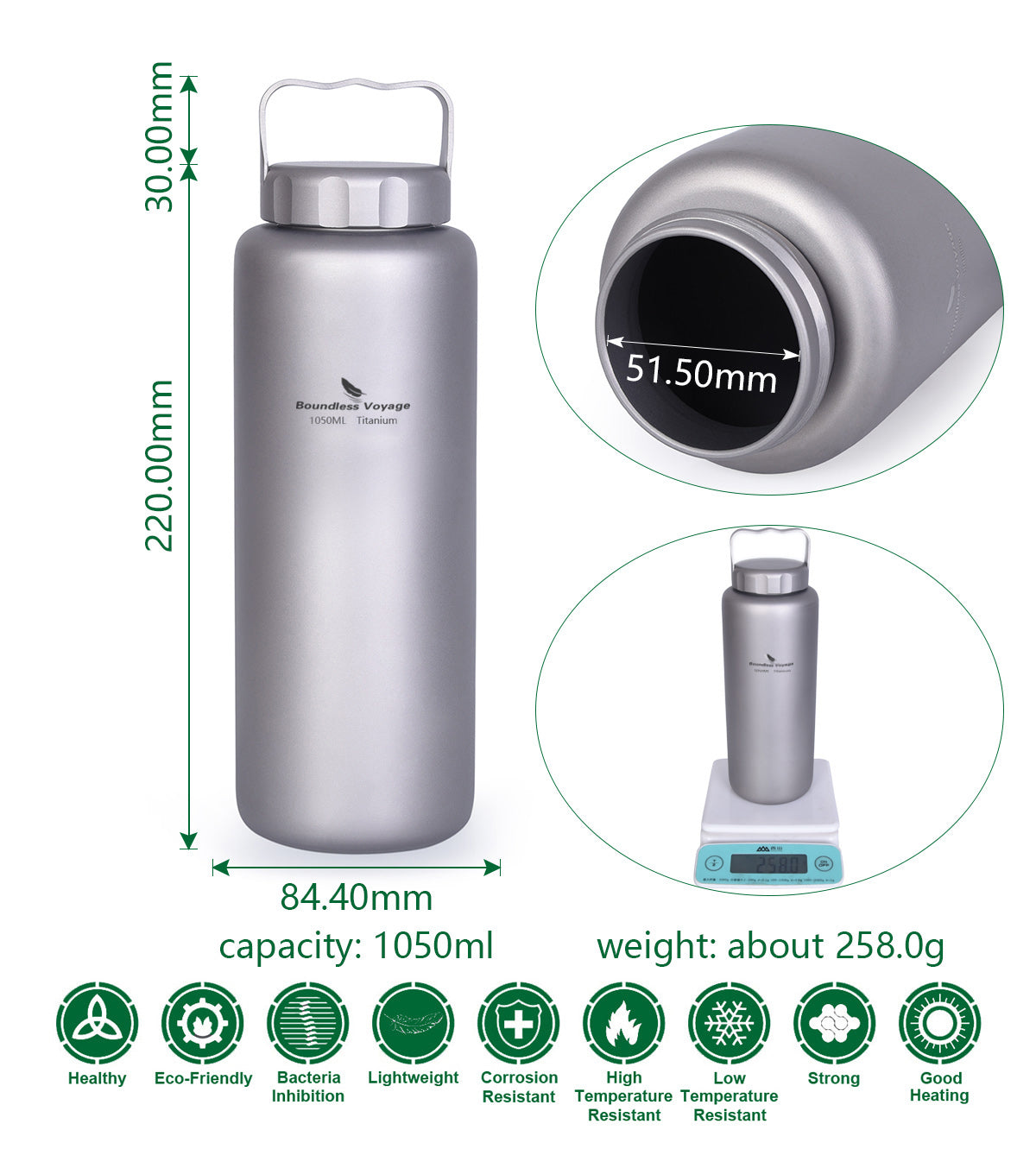 Boundless Voyage Titanium Water Bottle 1050ml/35.5 oz with Handle Outdoor Leak-Proof Wide Mouth Sport Drinking Bottle Camping Tea Coffee Canteen Kettle for Hiking Climbing Running Ti3006D