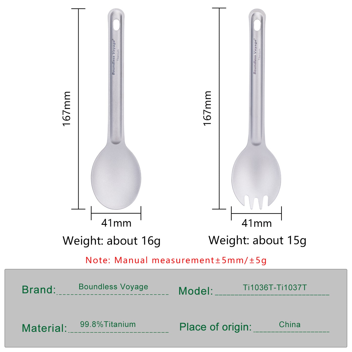 Boundless Voyage Titanium Spoon & Spork Camping Tableware Outdoor Flatware Ti1036T+1037T