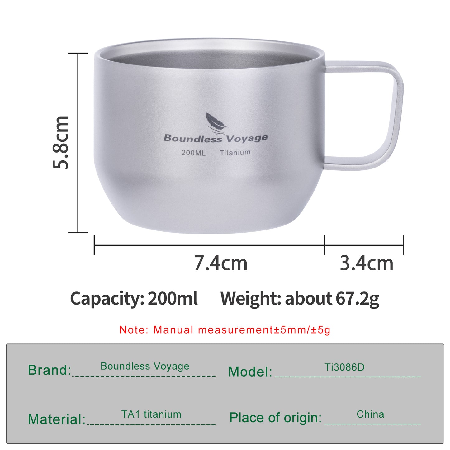 Boundless Voyage 200ml Double Wall Pure Titanium Mug | Ultralight Portable Coffee & Tea Cup for Camping, Travel & Outdoor Picnic Ti3086D