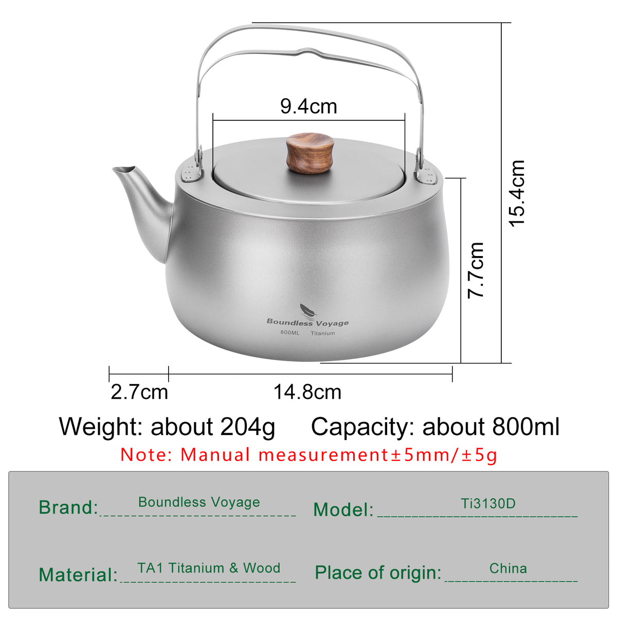 Boundless Voyage Titanium Camping Kettle 800ml with Folding Handle for Outdoor Camping Ti3130D