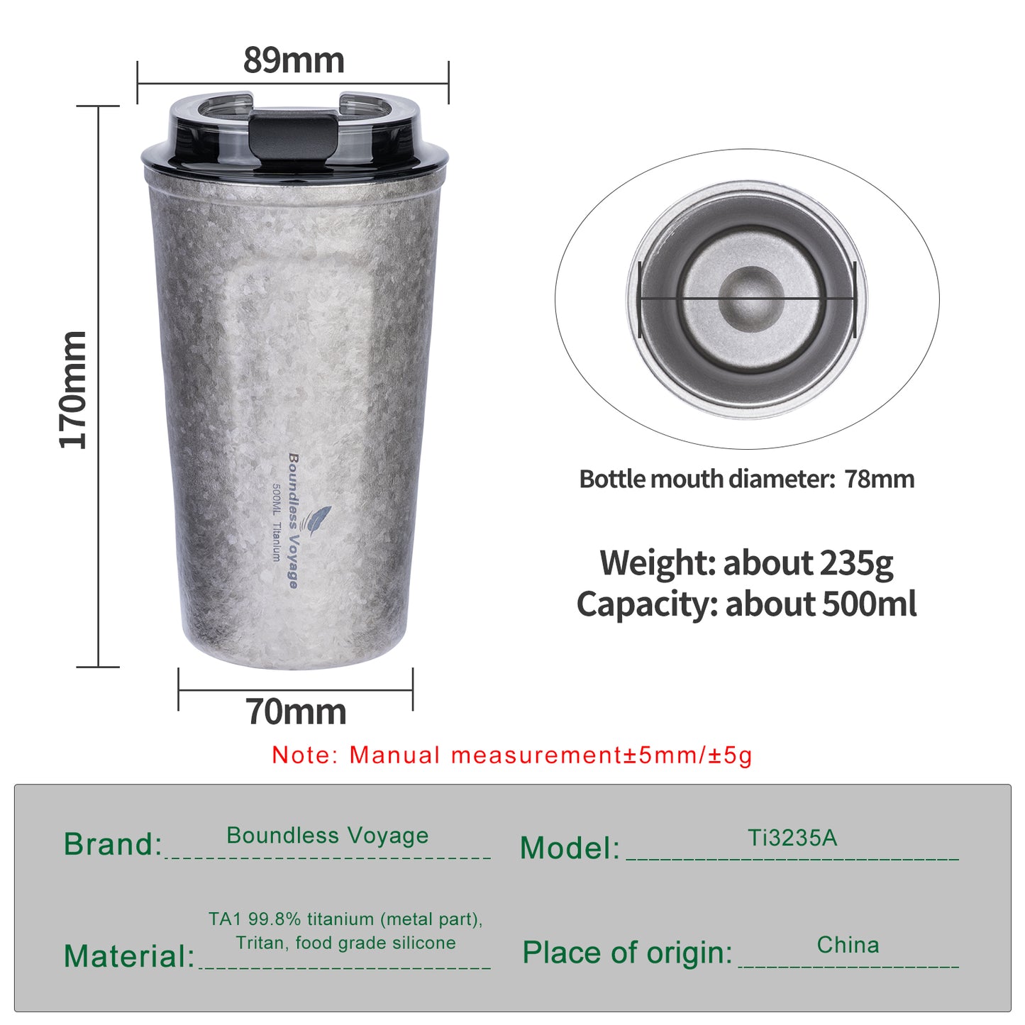 Boundless Voyage Titanium Insulated Drinking Cup Double Wall Vacuum Travel Coffee Tea Water Mug Ti3235D