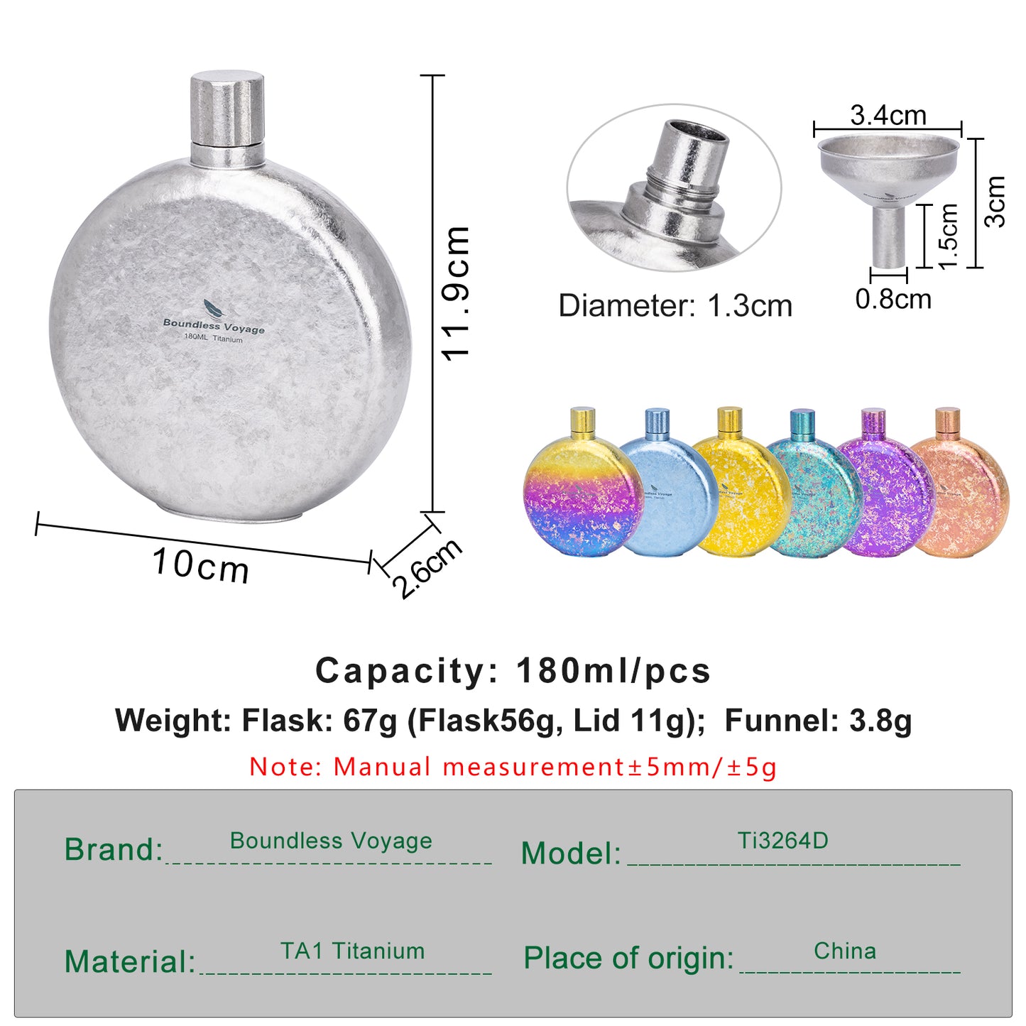 Boundless Voyage Titanium Crystallized Flask 180ml Portable Round Wine Bottle With Titanium Crystallized Funnel Whiskey Alcohol Drink ware Accessories Ti3264D