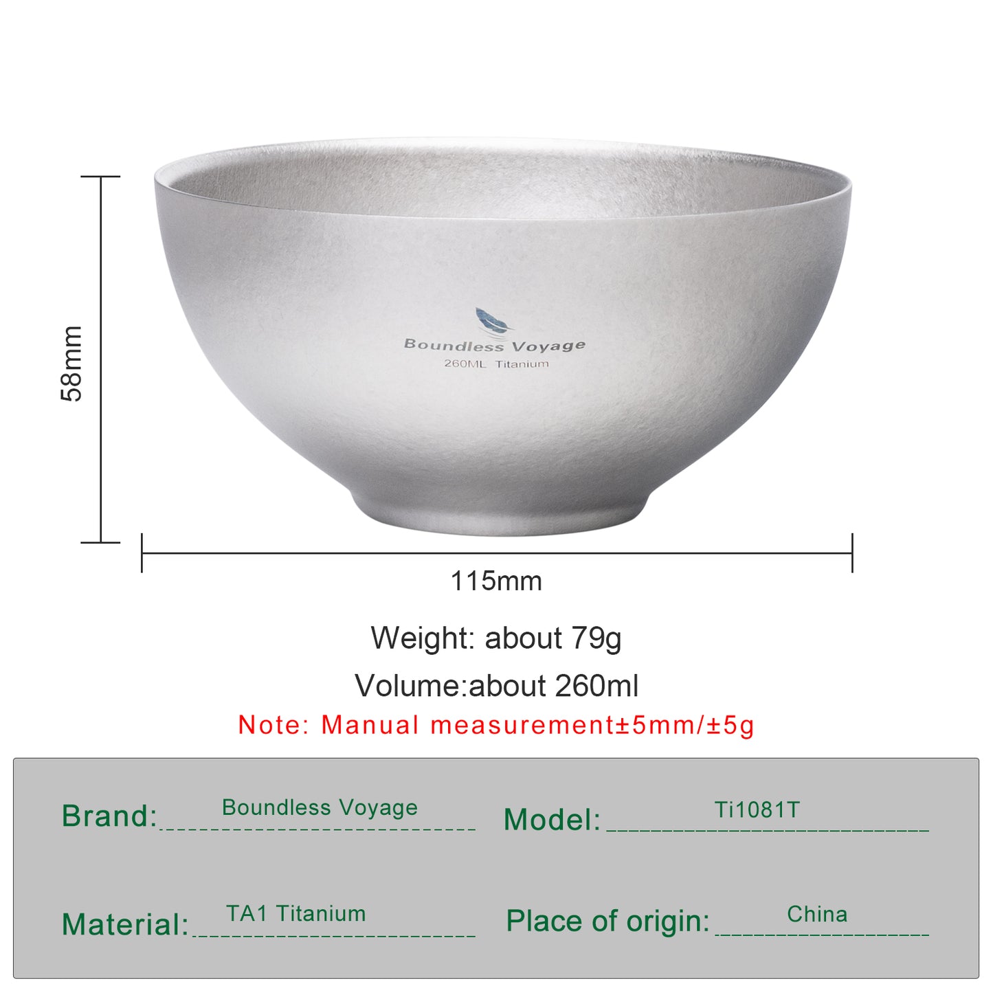 Boundless Voyage 260ml Titanium Double-Wall Bowl, Ultralight Anti-Scald Camping Bowl for Hiking Outdoor Home Ti1081T
