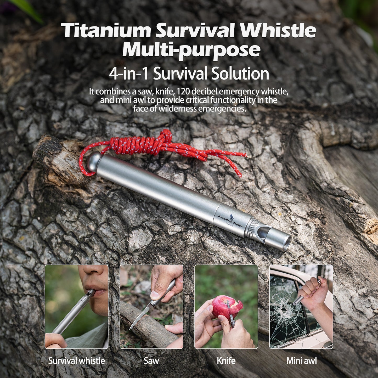 Boundless Voyage Titanium Survival Whistle Portable Camping Saw Knife Awl 4-in-1 EDC Outdoor Gear Multi-Purpose Tool for Hiking, Hunting, Pets Training Ti9024O