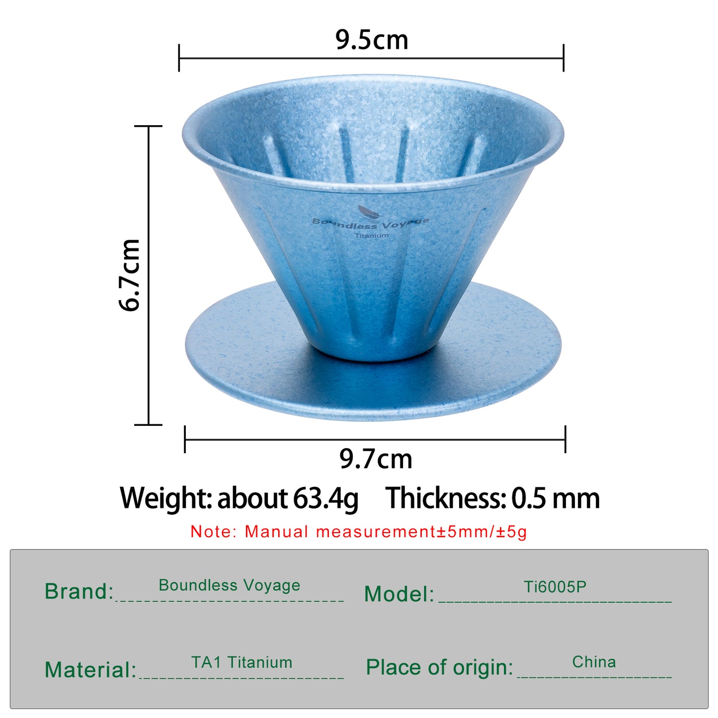 Boundless Voyage Titanium Pour Over Coffee Dripper | Reusable Cone Coffee Strainer Filter, 1-2 Cup Single Serve Coffee Brewer for Travel Camping Home Ti6005P